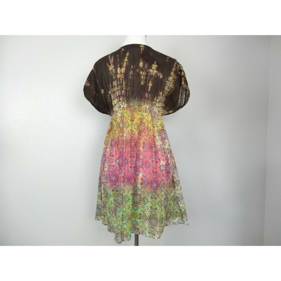 Etc Womens Dress Top L Short Sleeve Sheer Floral Brown Yello Pink Green NWT - Picture 5 of 10
